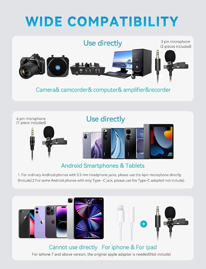 Lavalier Clip on Microphone, Portable Lav Mic for Android Smartphone Camera Podcast Laptop, Hands Free Recording Mic for YouTube,Interview,Video (3 Packs) - Image 4