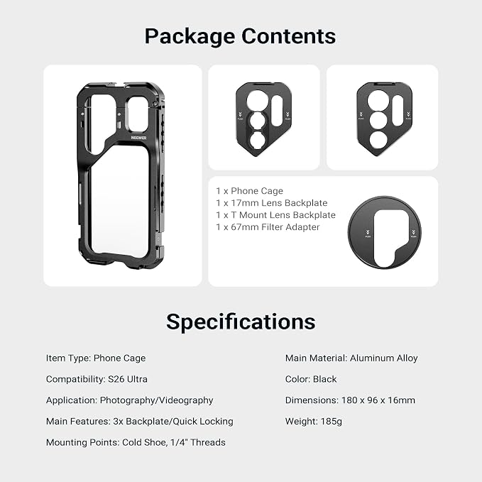 NEEWER S26 Ultra Phone Cage, Mobile Video Rig Stabilizer Vlog Kit, PA182 | With 3X Backplate for 67mm Filter, 17mm Phone Lens, T Mount Lens, Compatible with Samsung Galaxy S26 Ultra Only - Image 8
