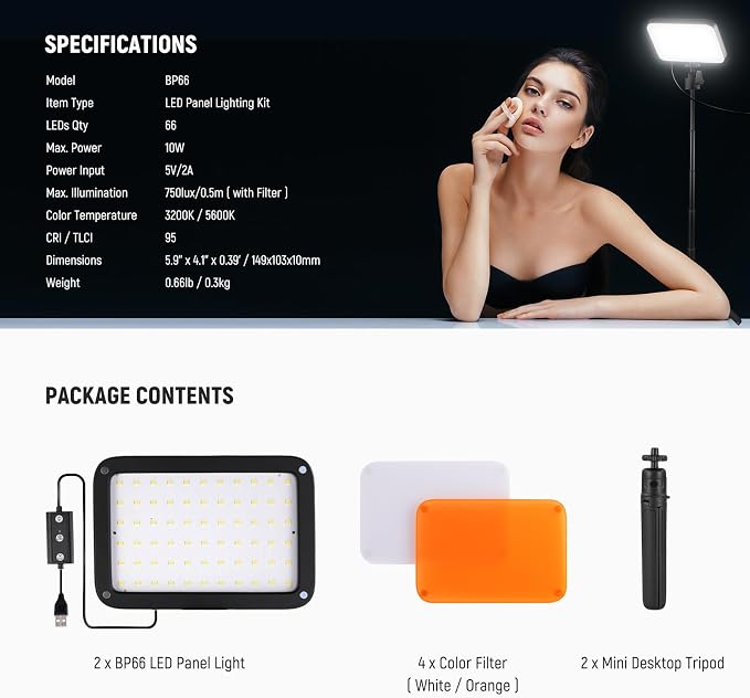 NEEWER BASICS 2 Pack LED Video Panel Light, Video Conference Lighting Kit with Desktop Tripod Stands/Filters for Webcam Desk Computer Laptop Zoom Call Makeup Recording Selfie Streaming, Dimmable, BP66 | Kit w Desktop Tripod Stands, Filters, for Webcam ... - Image 8