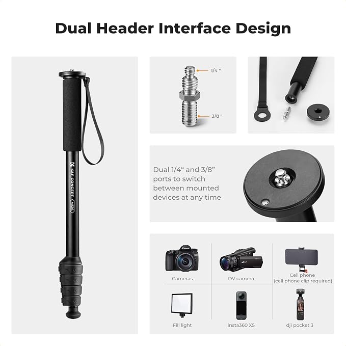 K&F CONCEPT Camera Monopod, 63" Aluminum Photography Monopod | 5-Section Height, Lightweight & Portable Camera Accessories, Payload 11lb, MS16 - Image 5