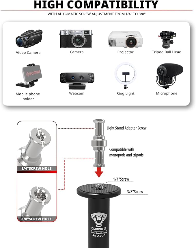 IFOOTAGE Round Base Monopod RB-A200,Small Footprint,Max.payload10KG,Aluminium Alloy Stable Structure, Height 10.6"/27cm~22.05"/56cm,for LED Video Light - Image 5