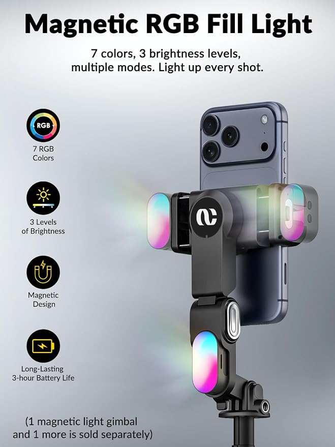 AOCHUAN M3Pro 4-in-1 Smartphone Gimbal Stabilizer for iPhone, AI Tracking | Auto-Open Tripod, No App AI Face Tracking, RGB Fill Light, Magnetic Remote, Built-in Extension rod, for Travel, Vlog, Black - Image 6