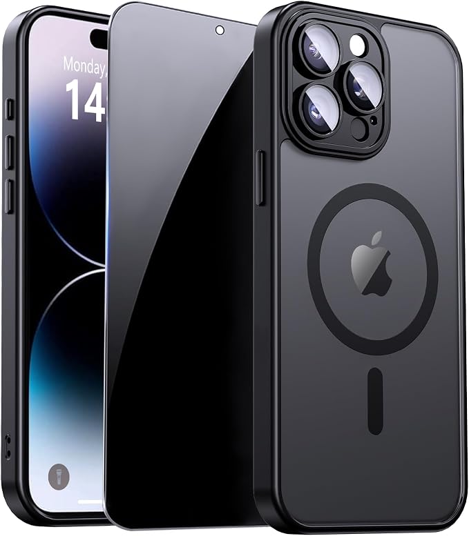 for iPhone 14 Pro Max Case with Privacy Screen Protector, Black | Full Camera Protection, Translucent Matte Magnetic, Compatible with MagSafe, Shockproof Phone Cover, Slim Fit by ZOZDOKG