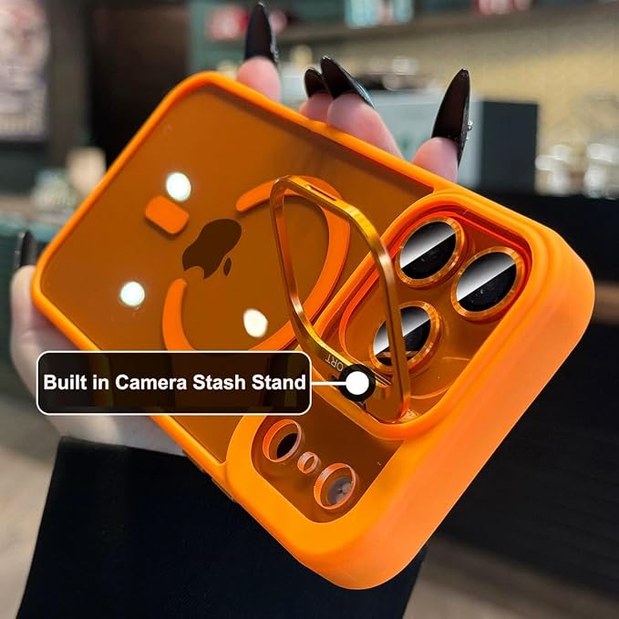 for iPhone 17 Pro Max Magnetic Case with Kickstand, [Compatible with MagSafe] Built in Stash Stand Clear Shockproof Soft Cover Camera Lens Protection Case for iPhone 17 Pro Max 6.9", Orange - Image 3
