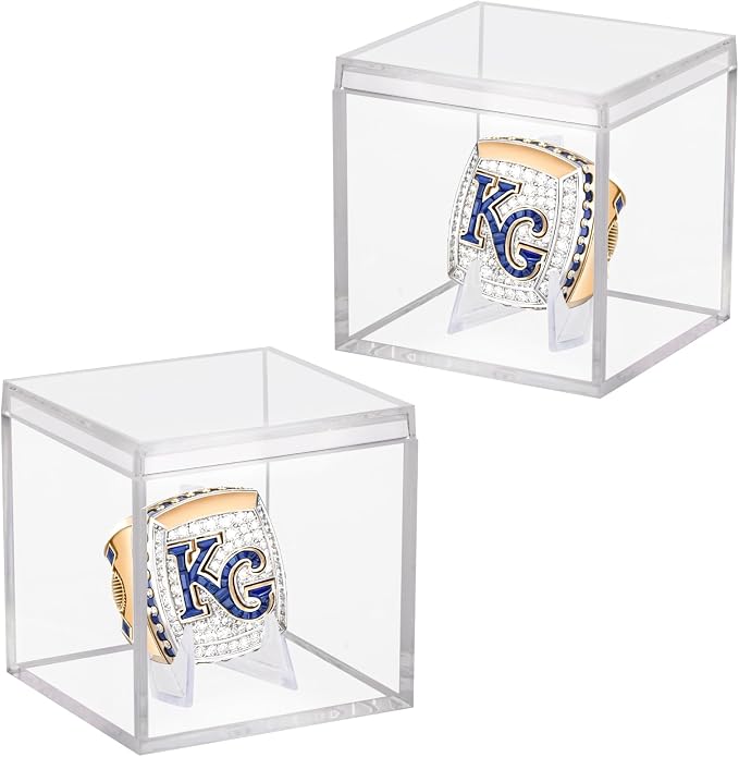 2 Pack Championship Ring Display Case, Clear Acrylic Memorabilia Stand Cube Ring Holder Dust Protection Transparent Storage Box for Sports Baseball Basketball Fan Souvenir Protection Supplies by Hxezoc