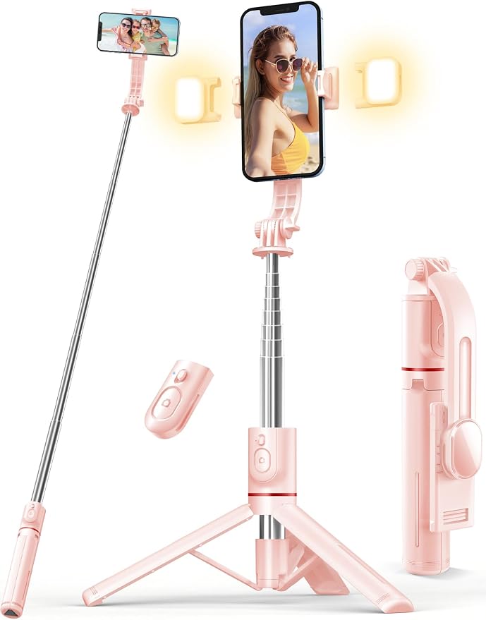 Selfie Stick with Light, 45'' Selfie Stick Tripod with Wireless Remote | Portable Travel Phone Tripod, Compatible with iPhone17/16/ 15 Pro Max/15/14, Samsung S22/ S23 Ultra/Android Smartphone (Pink) by Pnitri