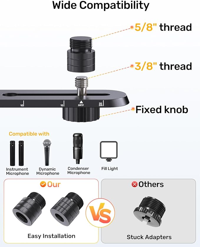 Stereo Array Spacing Mic Bar, Portable Dual Microphone Mount, Precision ORTF XY Stereo Bar, Lightweight Mic Holder for Podcast, Field Recording, 1/4”, 3/8” & 5/8” Thread Adapter Fits Most Mic Stands - Image 5