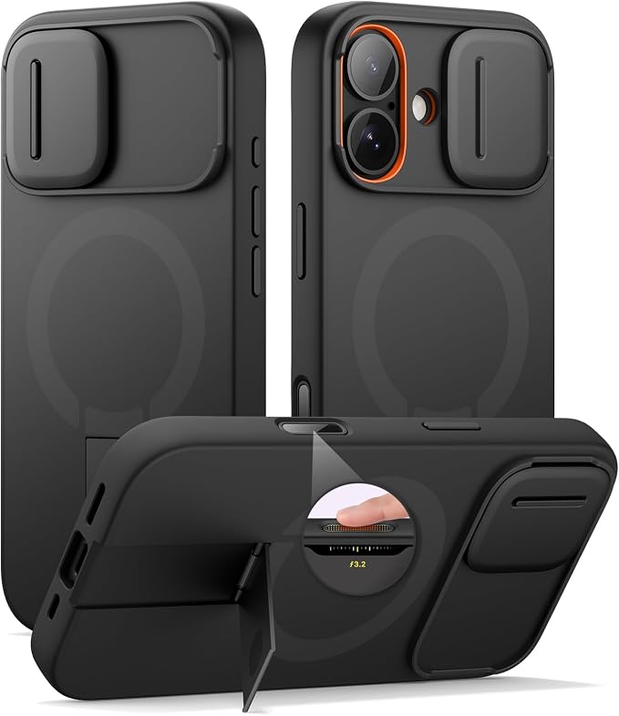 SURITCH for iPhone 17 Case with Camera Control Cover, Camera Slide Cover and Adjustable Kickstand, Compatible with MagSafe, Shockproof Bumper Protective Cases 6.3 Inch, Black by SURITCH