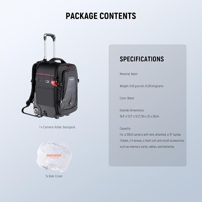 Neewer 2-in-1 Rolling Camera Backpack Trolley Case - Anti-shock Detachable Padded Compartment, Hidden Pull Bar, Durable, Waterproof for Camera,Tripod,Flash Light,Lens,Laptop for Air Travelling(Black) - Image 11