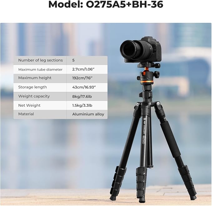 K&F CONCEPT 76" Travel Tripod for Camera | 360° Ball Head w/ Phone Holder, 17.6lbs Max Load, Detachable Monopod, Compact Tripod for DSLR/Phone, O275A5+BH-36 - Image 3