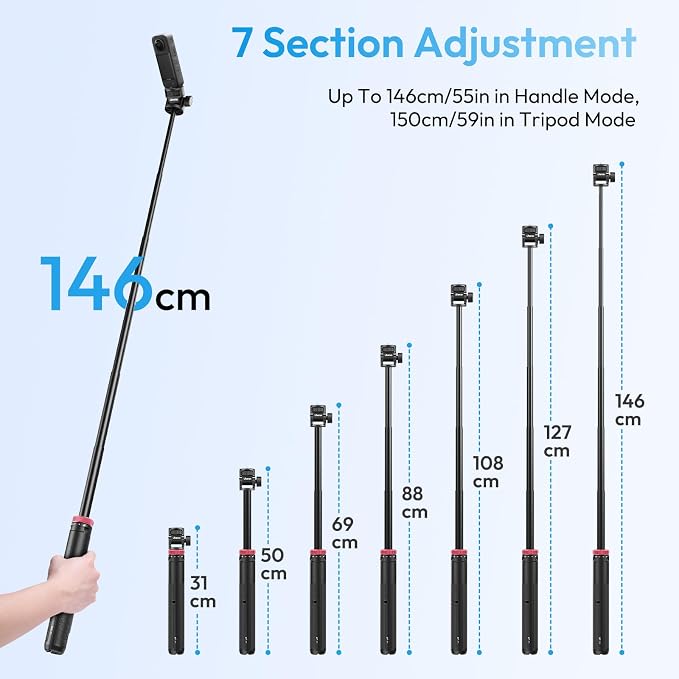 ULANZI MT-71 Tripod Selfie Stick & Vlog Handle with Magnetic Quick Release&1/4'' Screw, 59in Extendable Lightweight Tripod Stand (7-Section) for DJI Pocket 3/Insta360 X5 X4 X3 Series - Image 6