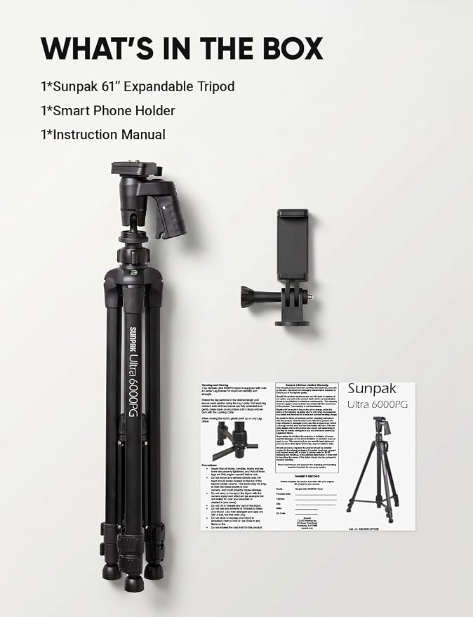 Sunpak 61" Aluminum Video & Camera Tripod with Pistol Grip Ball Head Stand | Lightweight, durable 61" tripod with self-leveling rubber feet, bull's-eye level, and geared center column. - Image 7