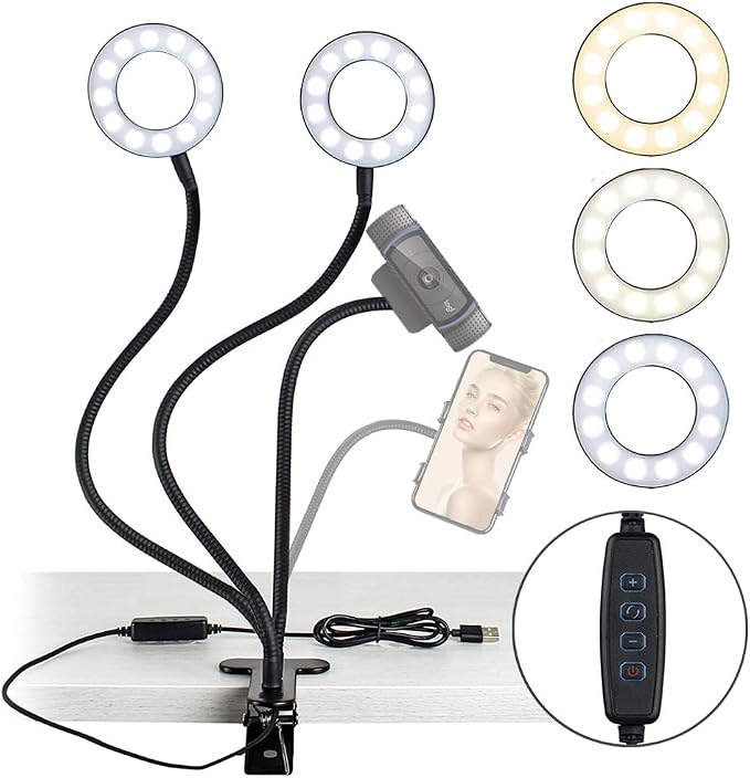 NexiGo 3.5 Inch Dual Selfie Ring Light with Moible Phone & Webcam Holder, 3-Light Modes, 10 Brightness Levels, LED Ringlight with Tripod Stand, for Live Streaming Makeup Video Conference by NexiGo