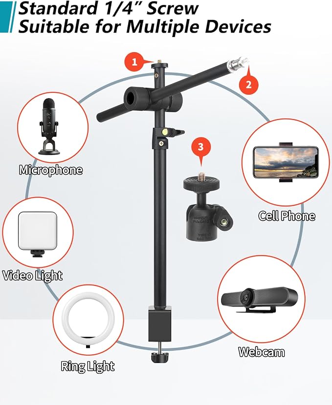 Overhead Camera Mount Desk Stand, Camera Arm Desk Mount Clamp Stand with 360°Adjustable Magic Arm, Webcam Arm Mount Stand w Ballhead Phone Mount for Desk Logitech Microphone Video Light Cell Phone - Image 4