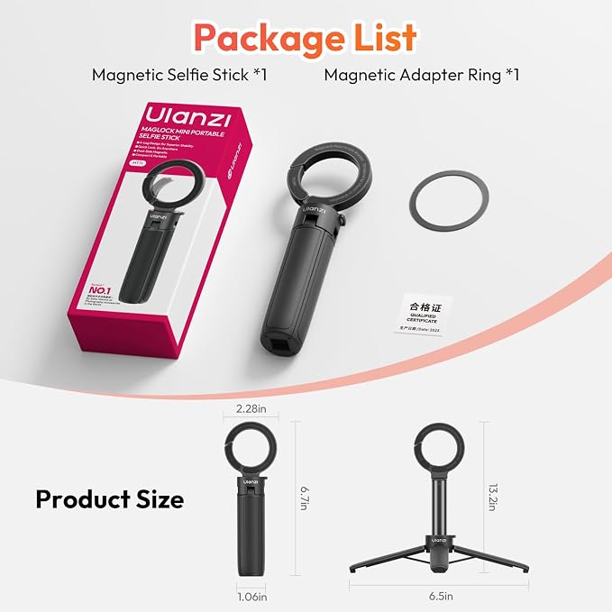 ULANZI MT71 Mini Magnetic Selfie Stick Tripod, Foldable & Lightweight, 180° Tilt, Compatible with iPhone 17-12 Series, with Adhesive Magnetic Ring for Desktop Shooting/Vlog/Selfie - Image 7