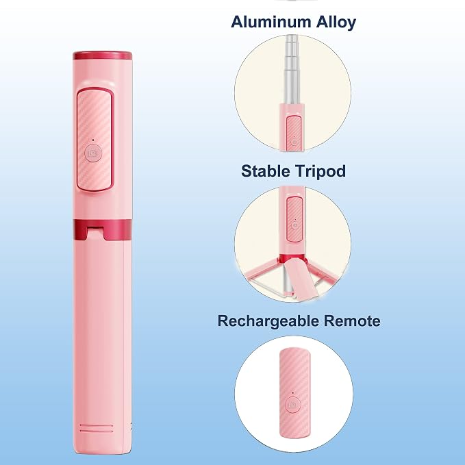 Selfie Stick, Foldable Cellphone Tripod with Remote, Travel Tripod for iPhone Series Android, Video Recording - Pink - Image 3