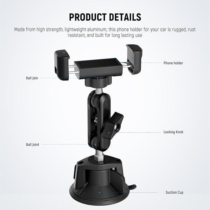 NEEWER Phone Holder for Your Car, 360° Rotating Vacuum Suction Cup Metal Cell Phone Mount Magic Arm Compatible with iPhone Samsung for UTV Windshield Skylight Glass Navigation Video Recording, PA136 - Image 5