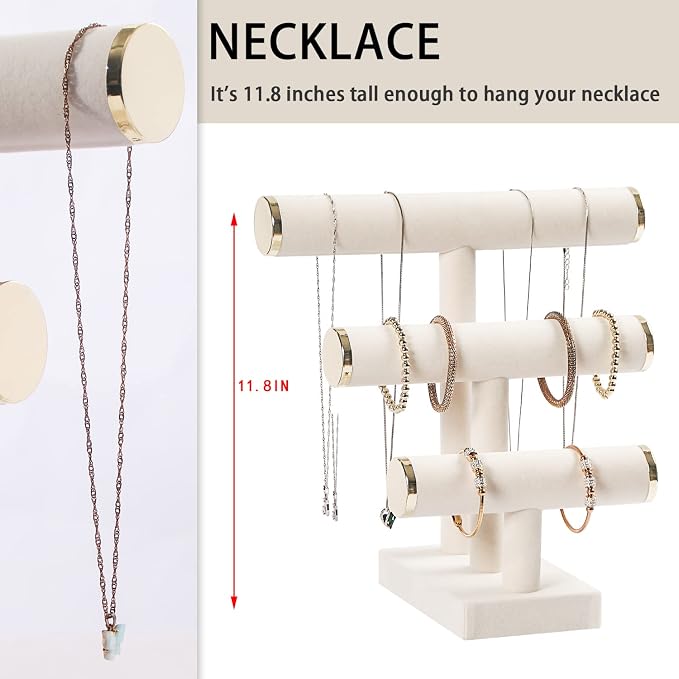 3 Tier Bracelet Holder,Bracelet Display Stand with Metal Cap,Beige White Velvet Jewelry Organizer Displays for Necklace Scrunchies Watches Hair Ties. - Image 3