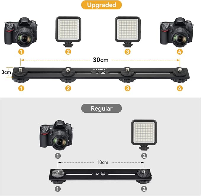 13 inch Flash Bracket, Long Dual Camera Mount with 1/4“ Hot Shoe | Flash Bracket Extension Bar, Straight Flash Brackets 1/4-3/8 Thread Hole Tripod Mount for Camera/LED Light/Microphone - Image 2