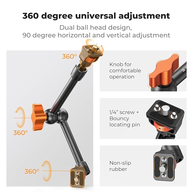 K&F CONCEPT 11" Magic Arm with ARRI 1/4" Screw 360° Ball Heads | Articulating Friction Camera Arm Mount for Monitor, LED Light, Webcam, Microphone, Camera Cage, MS33 - Image 3
