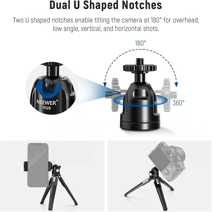 NEEWER Mini Desk Tripod, Metal Table Top Small Portable Travel Selfie Stick Stand with 360° Ball Head & 1/4" Screw for Camera Mobile Phone Holder Action Cam, Cleaning Cloth, Max Load 6.6 lbs, TP29 - Image 6