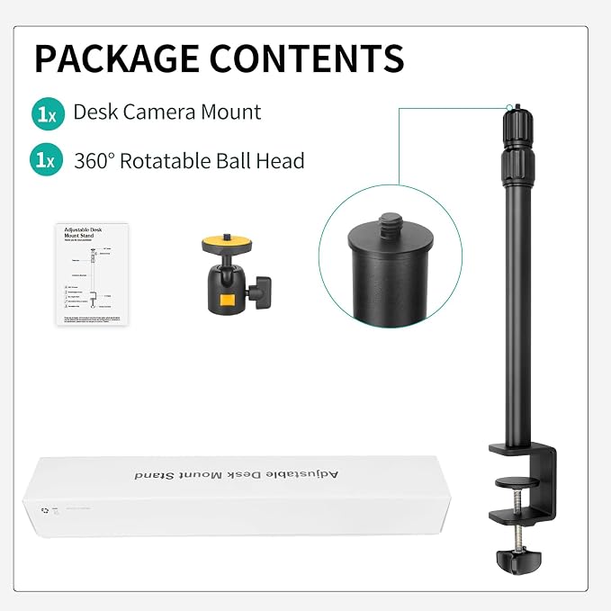 Camera Desk Mount Table Stand with Ball Head, Adjustable Light Stand with 1/4" Screw & C Clamp for DSLR Camera, Ring Light, Live Streaming, Photo Video Shooting - Image 9