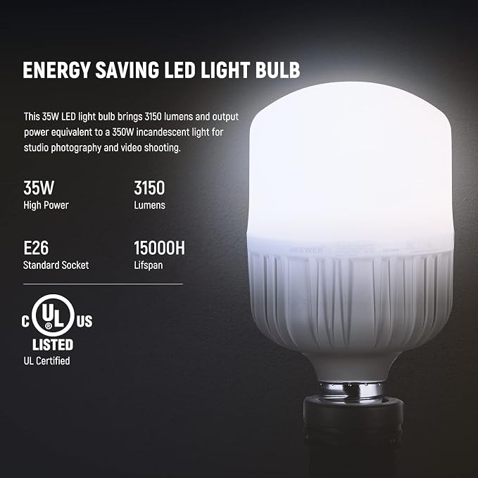 NEEWER E26 35W LED Light Bulbs, 2 Packs, 3150 Lumens/5700K/CRI 93+/15000h Lifespan, Bright Video Photography Lighting, Silent/No Flicker/Non Dimmable 350W Incandescent Equivalent | 15000h Lifespan, Bright Video Photography Lighting, Silent, No Flicker,... - Image 3