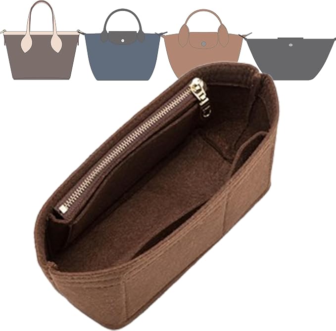 Doxo Small Purse Organizer Insert for Handbags, Felt Neverfull BB Organizer Insert,Mini Tote Bag Organizer with Zipper Pocket, Fit Neverfull BB Longchamp Xtra Energy S and More, Brown-XS - Image 2