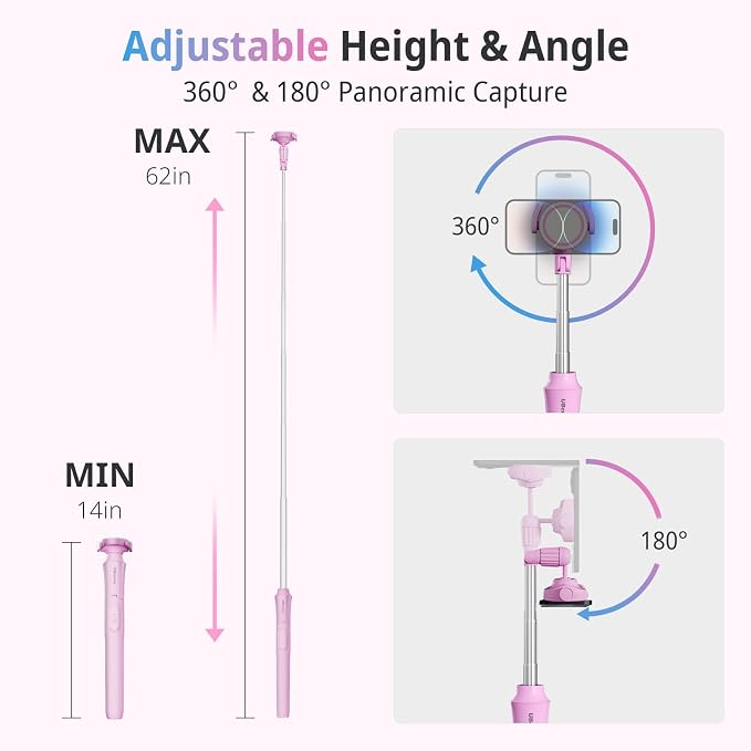 UBeesize Pink 62'' Magnetic Selfie Stick & Phone Tripod with Remote Shutter - Image 2