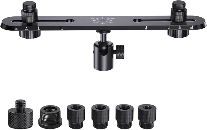 Stereo Array Spacing Mic Mount Bar with 360° Mic Ball Head Adapter, Adjustable Mic Holder for Two Mics/Booms with 1/4”, 3/8” & 5/8” Thread Adapter Fits Most Mic Stands, for XY/ORTF Recording by Jidinung-Kubeisi