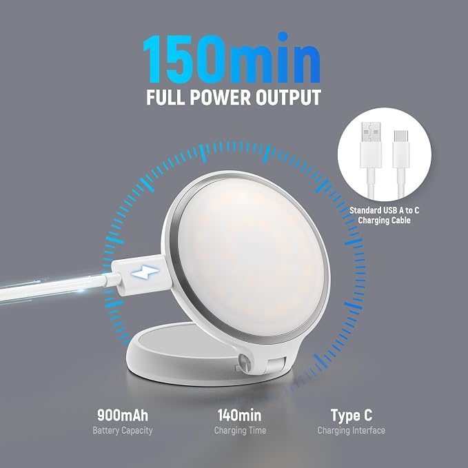 NEEWER Basics Magnetic LED Selfie Light Compatible with MagSafe iPhone, Desk Stand Phone Holder with Makeup Mirror 1160lx/0.2m 900mAh CRI95 Fill Lighting for Video Recording Streaming, White NL48R - Image 5