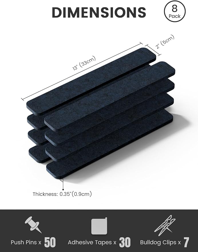 Fluxynara 13" x 2" Felt Wall Panels, Midnight Blue | 8-Pack Includes 50 Push Pins and Adhesive Tabs for Photos, Notes and Decor in Bedroom Doors, Home Office or Studios - Image 2