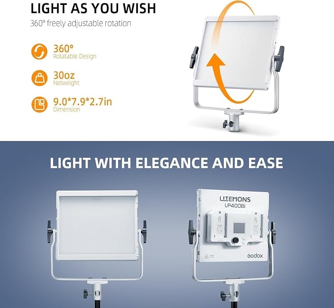 Godox LP400Bi Bicolor LED Video Light with Barndoor, 36W 2800K-6500K 6250Lux LED Panel Light with 11 FX Effects APP Control CRI/TLCI 96+ Dimmable 0-100% Studio Soft Light for Videography - Image 3