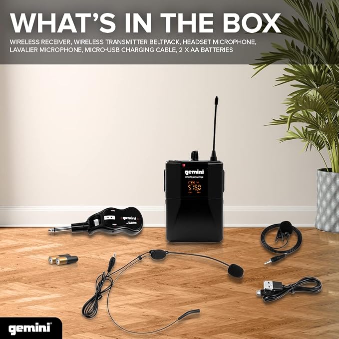 Gemini UHF Wireless Headset & Lavalier System, Rechargeable (GMU-HSL100) | UHF wireless headset & lavalier, rechargeable - 160+ ft range - plug-and-play - 1/4" plug for PA/amp - Image 2