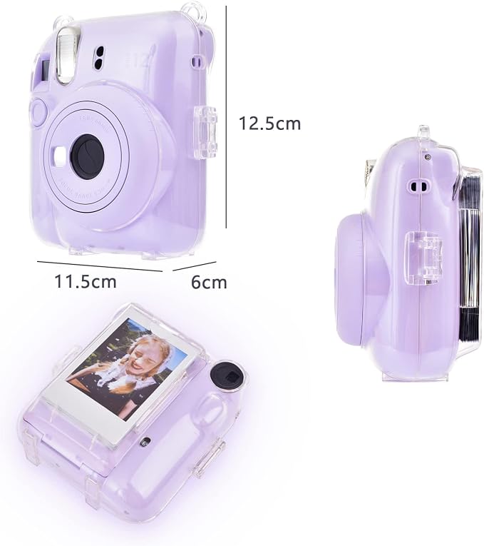 Rieibi Clear Case Compatible with Fuji Instax Mini 12, Carrying Case Bag for Fujifilm Instax Mini 12 Instant Camera with Photo Storage Pocket, Strap and Cute Sticker - Purple - Image 3