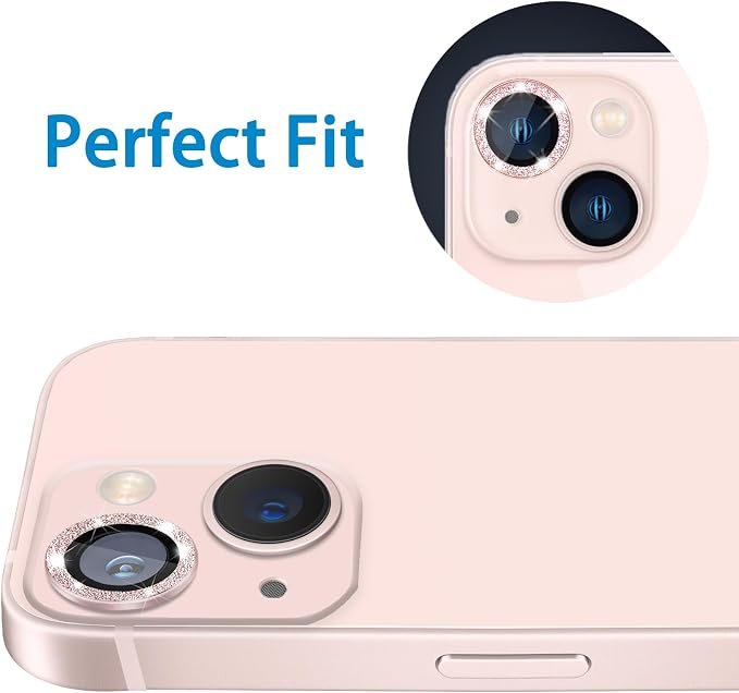 for iPhone 13 Mini & iPhone 13 Camera Lens Protector, Bling Glitter 9H Tempered Glass Camera Cover Anti Scratch Shockproof Screen Protector Individual Ring - 2Pcs Glitter Pink - Image 3