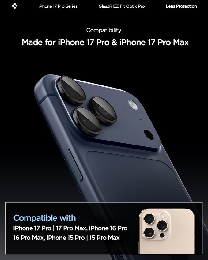 Spigen Camera Protector for iPhone 17 Pro Max, 17 Pro, 16 Pro Max, 16 Pro | GlasTR EZ Fit Optik Pro, 9H+ Tempered glass, Scratch resistant, Auto-align tray, Case-friendly-Black [2 Pack] - Image 2