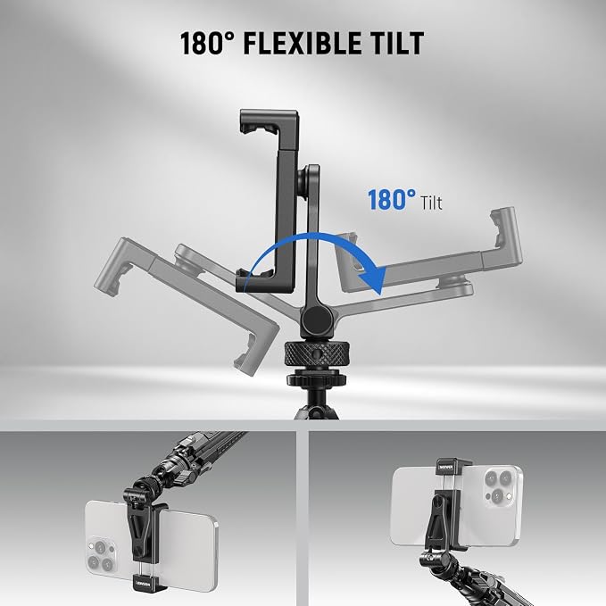 NEEWER Adjustable Phone Tripod Mount with Cold Shoe 1/4" Thread 180° Tilt 360° Rotation Cleaning Cloth Phone Clamp Holder Compatible with iPhone Samsung Android Camera Cage for Video Recording, GA010 - Image 5