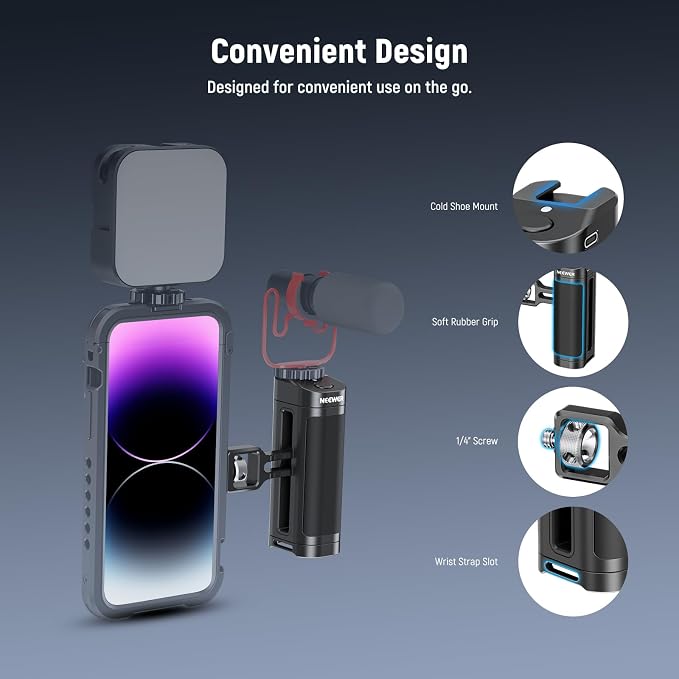 NEEWER Side Handle Grip with Wireless Remote Control Button Shutter Trigger for Smartphone Cage Video Rig, 2 Mount Adapters with 1/4" Screws & Locating Pins, Compatible with SmallRig Cages, PA005E - Image 6