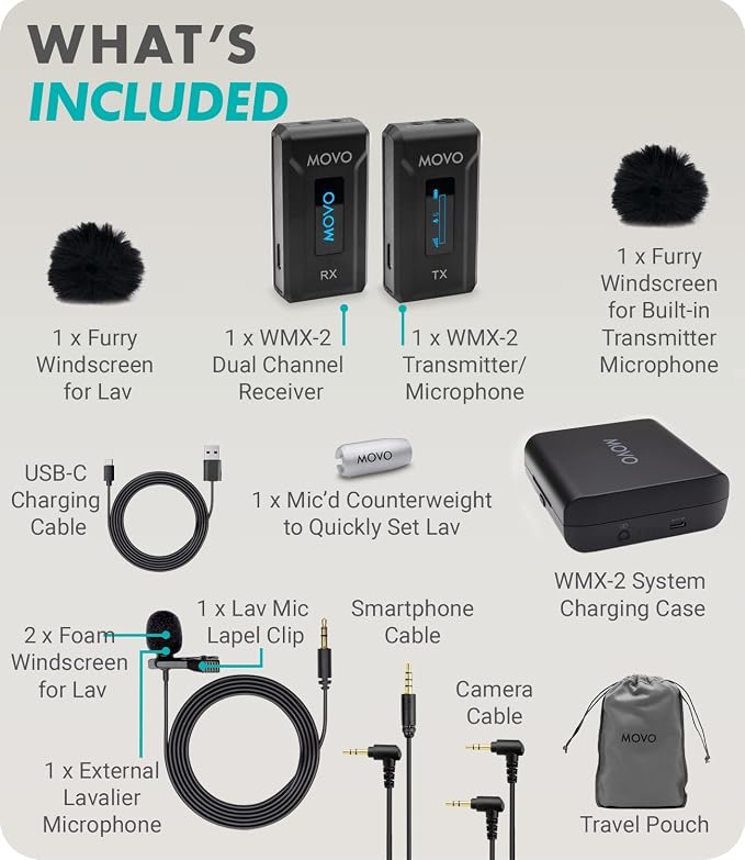Movo WMX-2 Wireless Camera Microphone with Charging Case - Lavalier Mic for DSLR Cameras, Vlogging, Content Creation, Filmmaking - Image 7