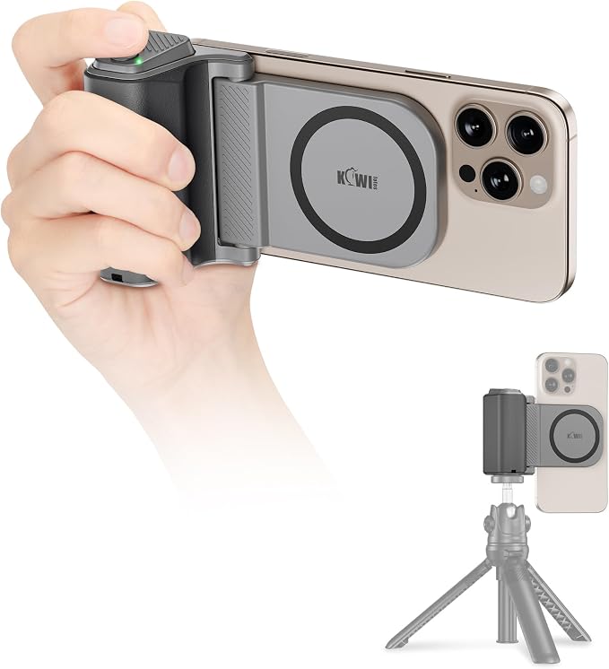 Phone Camera Grip with Remote for MagSafe iPhone 17 16 15 Pro Max | Magnetic snap-on grip, BT remote. 1/4" thread for tripod(NOT Included). for iPhone 17 Pro MagSafe travel Vlog Video Shooting by KIWIFOTOS