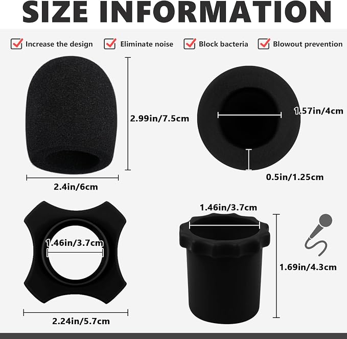 Flutesan 8 Set Microphone Cover Foam Mic Cover Microphone Windscreen Shakeproof Wireless Handheld Mic Protection Silicone Ring Anti Rolling Bottom Rod Sleeve Holder Foam Filter(Black) - Image 2