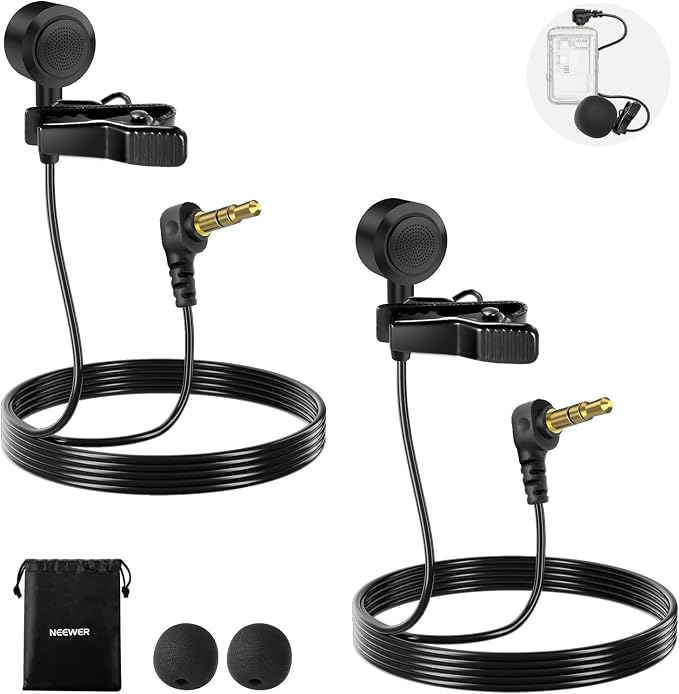 NEEWER ø9.7mm Lavalier Microphone (2 Pack), 3.5mm TRS Clip On Lapel Wired Omnidirectional Condenser Lav Mic with 1.5m Cable & Windscreen for Video Recording, Vlogging, Filming, LM10 by Neewer