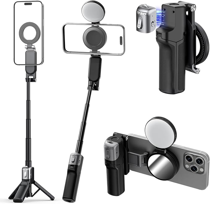 AMAZEAR Phone Camera Grip with Selfie Stick Tripod, Cellphone Accessories with Detachable Wireless Shutter Button for iPhone 16 17 Pro Max, Comfort Ergonomic Phone Handle Holder, Black with Light by YourProPhotoGear