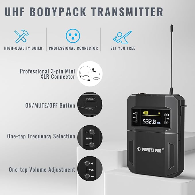 Phenyx Pro Dual UHF Tunable Freq Wireless Microphone System PTU-52-1H1B | 2 x 30 Tunable Fre, 200 ft Range, 2 Headset/Lapel Mics, Metal Cordless Mic for Singing, Karaoke, Church, Wedding, DJ Events - Image 4