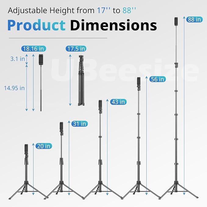 UBeesize 88’’ Flexible Phone Tripod with 14.95’’ Gooseneck, Remote and Phone Holder, Overhead Cell Phone Stand＆Selfie Stick for Video Recording, Compatible with iPhone Android Phone, Camera Black - Image 2