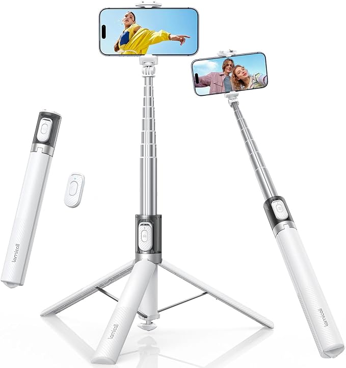 Lamicall 65" Tripod for iPhone 0.77lb Selfie Stick with Remote & Cold Shoe | Auto Open Phone Tripod Ultra-Stable Phone Stand for Recording for Travel Live Stream Vlog fit iPhone 17 Pro Max Android-White by Lamicall