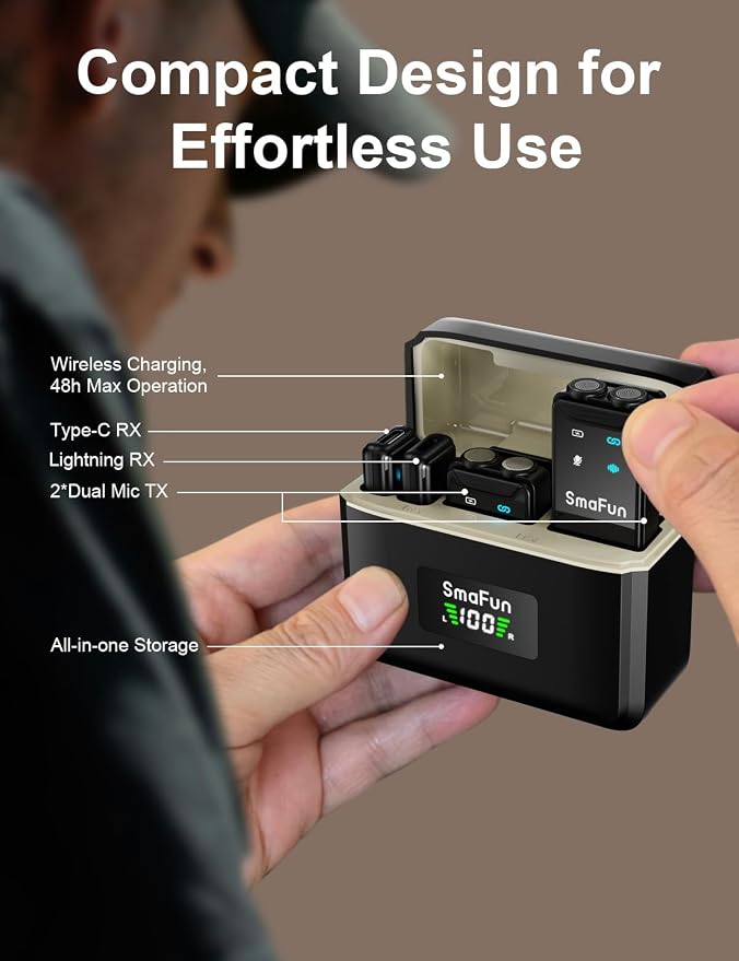 Wireless Microphone for iPhone Android, SmaFun TwinCast S2 Lavalier Microphone, 2 Mics 2 Receivers with Lightning USB-C, Noise Cancelling Clip On Mic, 48H Charging Case, 328FT for Video TikTok YouTube - Image 9
