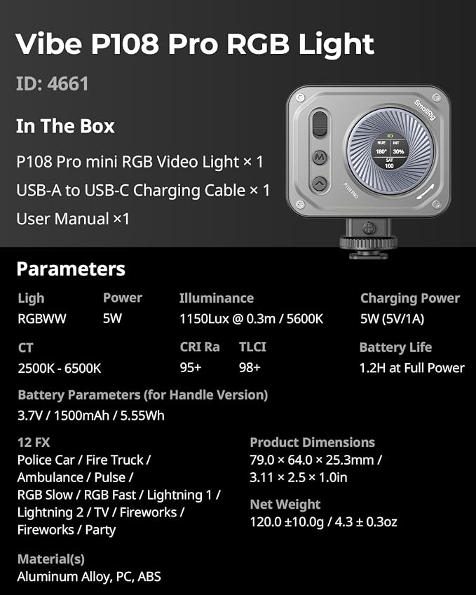 SmallRig RM120 RGB LED Video Light Panel, 7W Portable Metal Camera Light | 2500-8500K CRI TLCI 98+, 5000mAh / 3H Runtime / OLED Screen / 12 Effects for TikTok, Content Creator, Photographer - Image 9