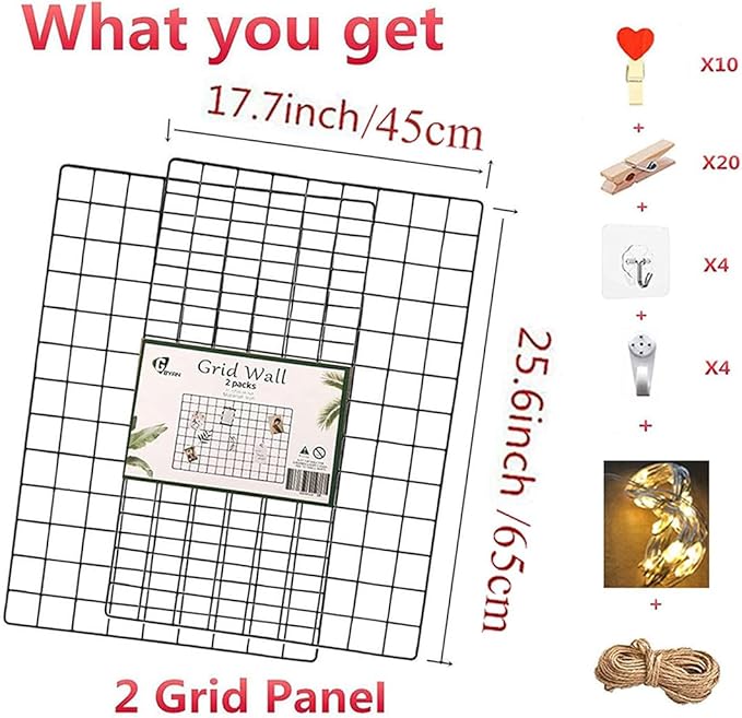 2 Pack Large Wall Grid Panels with Light and Clips, Photo Display Board, Picture Frame Collage Board, Wire Grid Wall Panel Room Decoration,Black | Picture Frames Collage , Wire Grid Wall Panel Room Decoration - Image 3